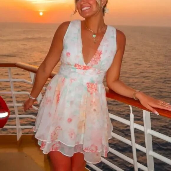 Abercrombie & Fitch Flirty Drama Ruffle Mini Dress Pastel Floral Size Large - Picture 3 of 11